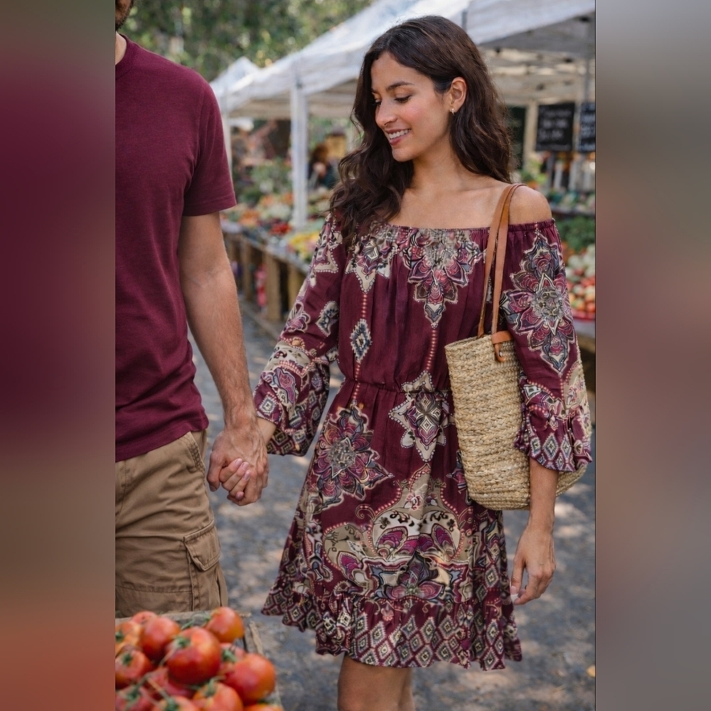Boho Burgundy Paisley Long Sleeve Dress